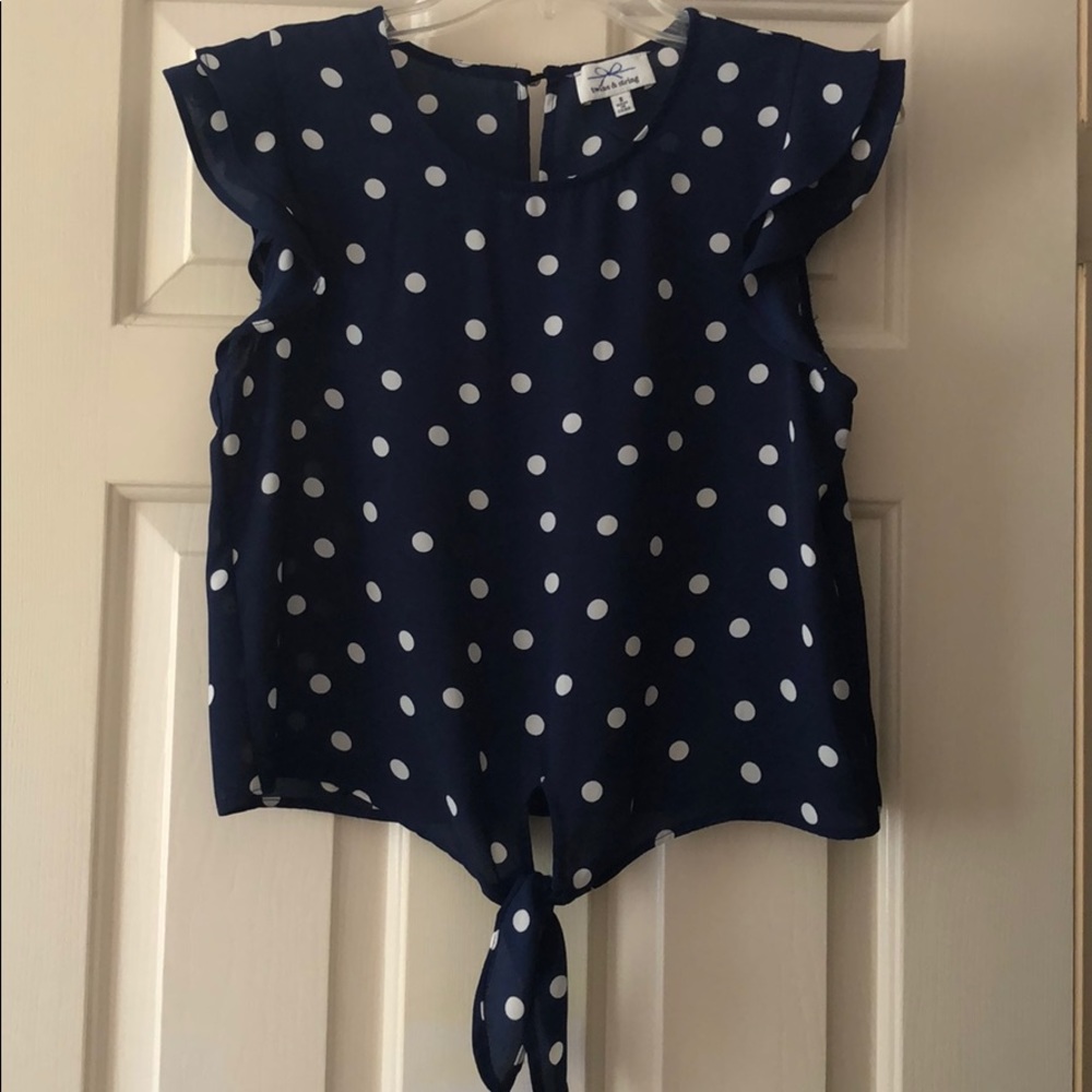 Navy Polka Dot Cropped Blouse Tie Front Small